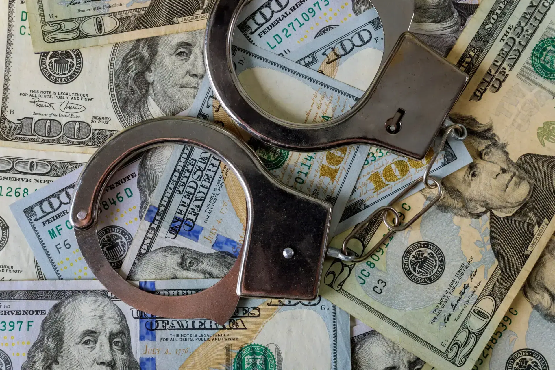 US dollar banknotes money cash corruption, dirty money financial crime of metal police handcuffs